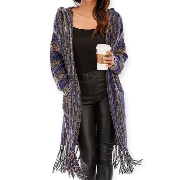 Multicolor Open Front Pockets Fringe Knitwear Cardigan Sweater Jacket NEW - Picture 3 of 4